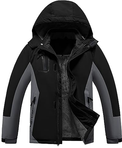 Dr.Cyril Chaqueta de esquí impermeable con capucha para niños y niñas, chaqueta de invierno transpirable extraíble, Negro-gris, 8-9 años