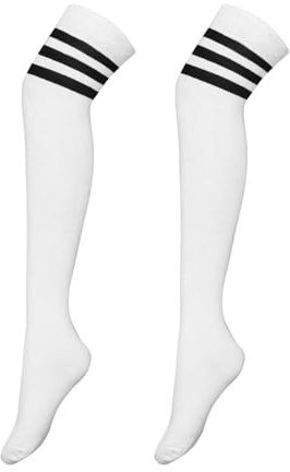 Werownsgso Calze al ginocchio da donna, calze sopra il ginocchio, calze a righe, morbide e sportive, per cosplay sport, Bianco (striscia nera), Taglia unica