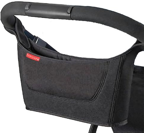 Kinderwagen Organizer, Universal mit Isoliertem Becherhalter, Schultergurt, Reißverschluss-Tasche und Großer Stauraum für Windeln und Handys – Praktische Kinderwagen Tasche, Schwarz (B-Schwarz)