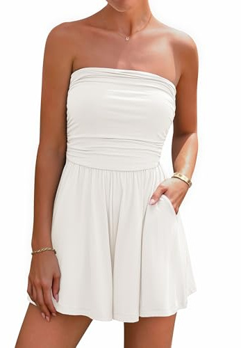 BTFBM Womens Romper 2026 Spring Summer Strapless Tube Tops Beach Vacation Clothes Boho Loose Shorts Jumpsuits Pockets(White, Large)