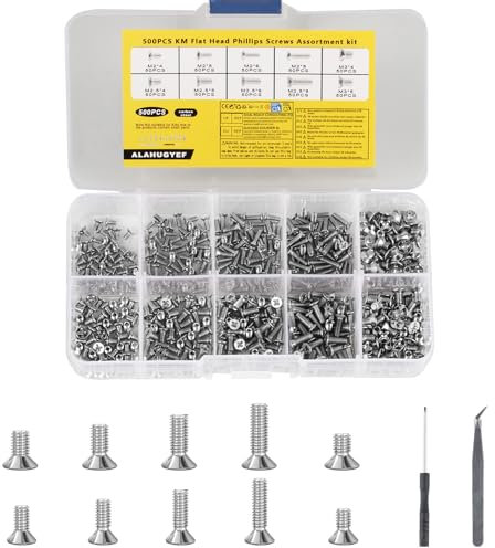 500 Pièces M2 M2,5 M3 Vis à Tête Fraisée, Vis à Tête Fraisée Cruciforme, Visser à Mécanique à Tête Plate Assortiment Kit pour Ordinateur Portable PC, argent