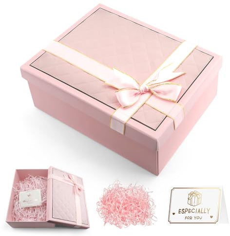 GOTFUN Caja de regalo con tapa, 25 x 18 x 9 cm, caja de regalo plegable con tarjeta de felicitación y rafia, caja de regalo reutilizable para bodas, cumpleaños, aniversarios (rosa)
