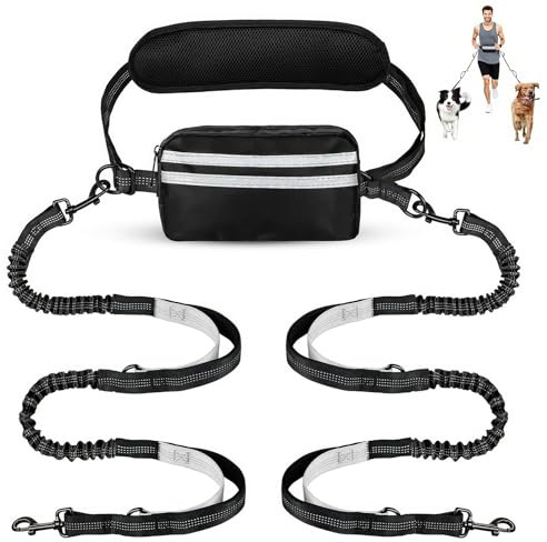 Hands Free Dog Lead, Running Dog Lead with Adjustable Waist Belt & Storage Bag, Reflective Bungee Leash with Dual Handle, Dogs Walking Belt for Medium Large Dogs Running, Walking, Jogging, Hiking