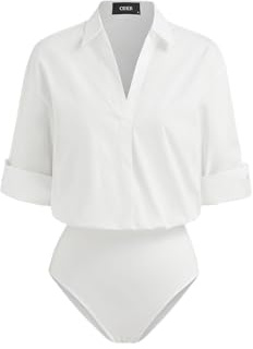 CIDER Womens Shirts Blouse Collar Roll Up Sleeve Shirt Bodysuit Long Sleeve Casual Work Blouse One-Piece Tops
