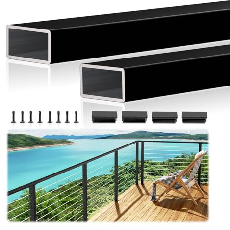 2 Pack 10FTx 2-3/8x1-3/16 Aluminum Black Handrail with Self Drilling Screws Nylon End Caps, AAMA 2604 Coating, 3mm Thick Flat Handrail Cuttable Top Rail for Deck Stair Railing Indoor Outdoor