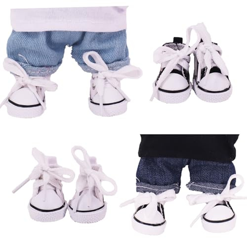 Xerteam Lot de 2 paires de chaussures en toile pour poupées de 15 à 17 cm, chaussures tendance à lacets, accessoires de poupée mignons en peluche (blanc, baskets noires)