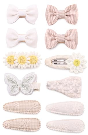 12PCS Toddler Hair Accessories – Handmade Baby Girl Hair Clips with Embroidered Flowers, Bows, Butterflies & Snap Barrettes for Girls, Birthday, Halloween & Christmas Gift Set (Khaki white)