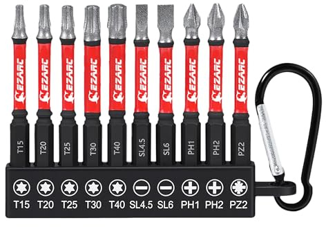 EZARC 10-Piece Diamond Tip Screwdriver Bit Sets, 65mm Magnetic Impact Driver Bits, Torx Phillips Pozidriv Slotted, 1/4 Hex Shankl, S2 Alloy Steel, Security Bit Set for Impact Drivers & Power Drills