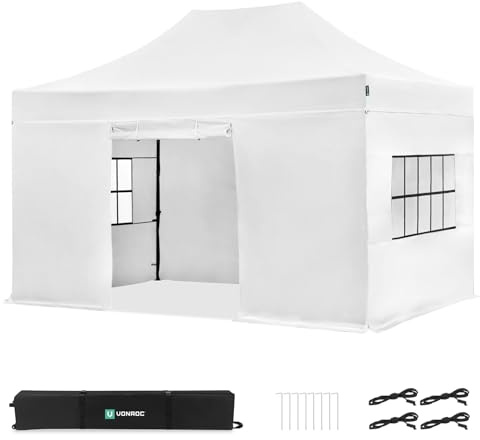 VONROC Partytält 3 x 4,5 m med sidoväggar – Easy-Up, vattentätt 420D PVC, UV 50+, stålram, väska med vita hjul