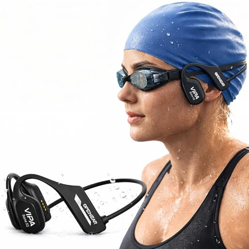 VIPA - Auriculares Natacion Bluetooth 5.3 - Auriculares Conduccion Osea con IP68 Resistente al Agua - Cascos Abiertos con 32G Mp3 para Nadar/Correr/Ciclismo con Micrófono ENC y 6H de Autonomía.