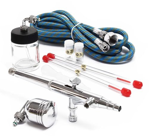 Wiltec Kit Pistolet aérographe professionnel Modèle 134K – Action double DA – avec Buses 0,2/0,3/0,5 mm – Godets 7/20 ml – Tatouage, bronzage, maquillage, modélisme airbrush