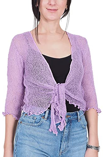 Mimosa damer virkad rull Bolero glitter eller vanlig superstretchig spets fisknät slips i midja Bolero öppen cardigan passar UK 6-28, Lila, one size