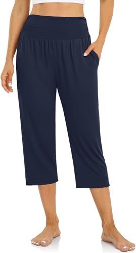 UEU Women's High Waist Capri Pants Casual Loose Fitting Yoga Pants Comfy Lounge Workout Capris Sweatpants with Pockets (Capris, Navy, XXX-Large)