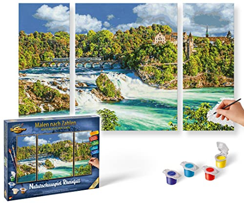 Schipper 609260888 Malen nach Zahlen –Naturschauspiel Rheinfall- Bilder malen für Erwachsene, inklusive Pinsel und Acrylfarben, Triptychon, 50 x 80 cm
