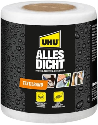 UHU Aqua Etanche - Bande Textile - À Utiliser avec Enduit d'Etanchéité pour Etanchéifier, Protéger & Réparer - Toutes Surfaces - Intérieur/Extérieur - Rouleau de 10 cm x 10 m