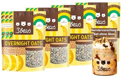 3Bears Overnight Oats Banana Split I 4 bustine di porridge vegano da 400 g con avena integrale I Colazione deliziosa, per una notte in frigorifero I Porridge per la colazione senza zucchero, preparato