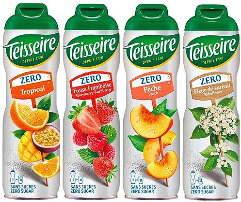 Teisseire Sirup Zero Holunderblüte, Pfirsich, Erdeere-Himbeer, Tropical je 600ml