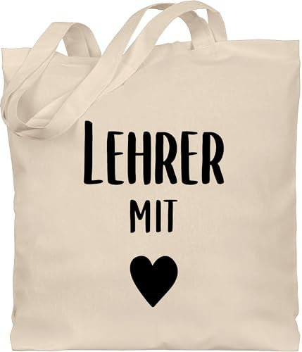 Baumwolltasche - Taschen - Lehrer mit Herz - Unisize - Naturweiß - geschenk lehrer-tasche teacher bester jutetasche geschenke lehrerin referendariat grundschule stoffbeutel lehrerinnen tasche