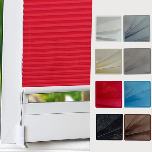 Plissee Klemmfix Plisseerollo 90 x 200 cm ohne Bohren Verdunklung Thermo Rollo für Fenster Easyfix Plisseerollo Inkl. Aller Montage-Teile, für Fenster, Rot
