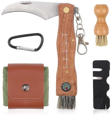 Erzekrim Pilzmesser mit Bürste und Lineal Champignon/Trüffel Folding Knifemit Tasche Edelstahl Trüffel Taschenmesser mit Schlüsselring Pilzmesser, Anwendbar auf Outdoor Pilze Sammeln