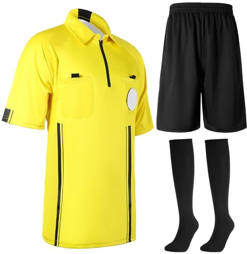Cuffbow 3 Pcs Men's Soccer Referee Jersey Short Set Official Pro Soccer Referee Shirt Short Sleeve, Sports Pants and Socks (Yellow, Black,Medium)