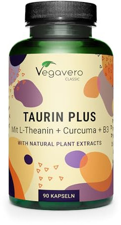 Taurin hochdosiert | 1000 mg | Mit Curcuma & L-Theanin aus Grüntee Extrakt | Vegan & Ohne Zusatzstoffe | 90 Kapseln | Deutsche Produktion von Vegavero®