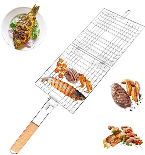 Cesta de Parrilla, Cesta para Asar Pescado, Canasta de Parrilla de Barbacoa, Rejilla para Barbacoa, Canasta Parrilla, Plegable, con Mango de Madera, para Pescado, Verduras, Camarón, Carne