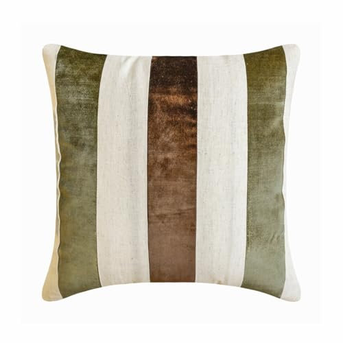 The HomeCentric Decorative Cushion Cover Brown 45x45 cm (18x18) Velvet Striped And Linen Pillow Covers For Outdoor Furniture, Patchwork Modern Style - Velvet Band Earthy