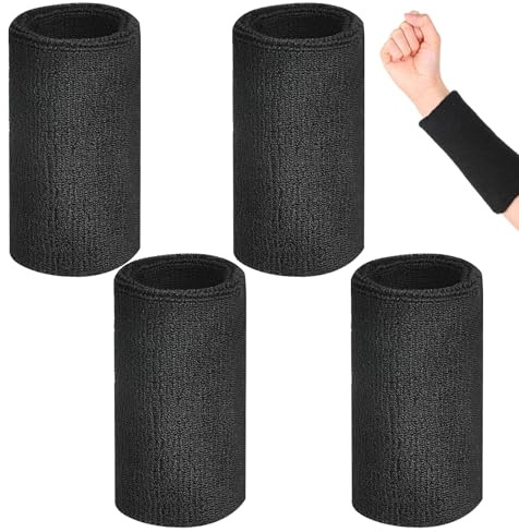 Svettband handled, 4 stycken 15 cm långt svart svettband, handledssvettband, sport, svettband, för boll, basket, tennis, gymnastik, löpning i svart