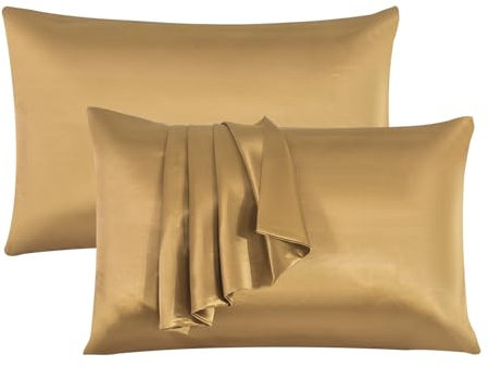 ROOEE Satin Silk Pillowcases for Hair and Skin 2 Pack Standard Size 50x75cm Envelope Closure Pillow Case (DULL GOLD)