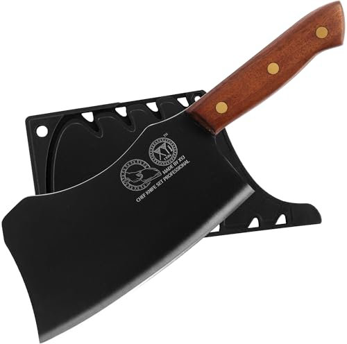 XYJ Coltello da cucina da 7 pollici con fodera, acciaio inossidabile, coltello da macellaio a lama larga nero, Full Tang, carne taglierina, coltello vegetale cinese, manico in legno
