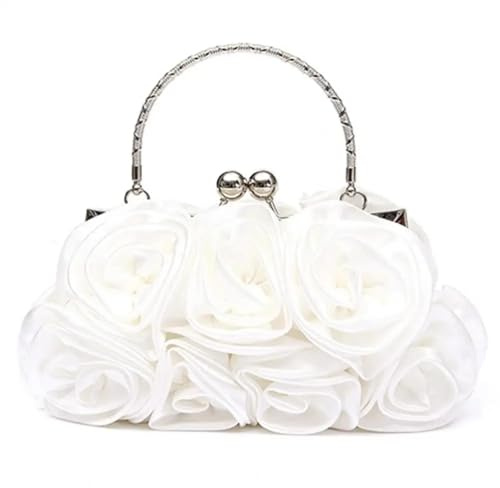 YUEZHAN Sac De Soirée Femmes Sac De Soirée Mode Rose Fleur Motif Sac À Main Nuptiale Pochette pour La Soirée De Mariage Blanc