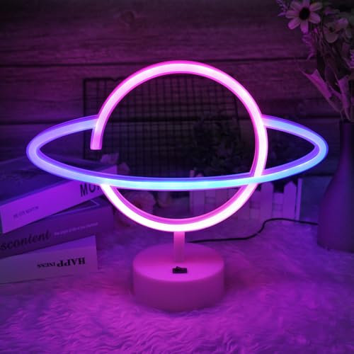 HOTUT Insegna al Neon LED con Base di Supporto, Pianeta Lampade Decorative Lampada da Notte al Neon Pianeta Luci Decorative per Feste in Famiglia Forniture, Luce a LED Alimentata a Batteria/USB