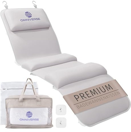 Omniverse Badewannenkissen Ganzkörper 125×40cm für Körpergröße 160–180cm, geeignet für Glatte Oberflächen, schnelltrocknend, hautfreundlich, Badewannenmatte mit 3 integrierten Kissen, Weiß