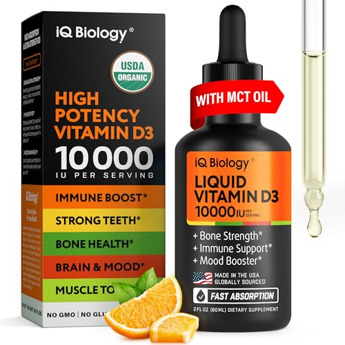 Liquid Vitamin D3 10000 IU (250 mcg) - USDA Organic Vitamin D Drops for Adults & Kids - 100-Day Supply - Vit D3 with MCT Oil for Better Absortion - Bone & Immunity Support, Dental Health*, Made in USA