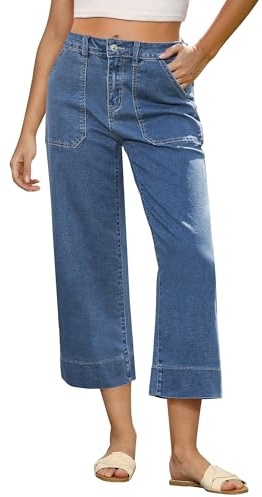 GRAPENT Jean Capris for Women - Stretchy Denim High Waisted Wide Leg Pants - Color Reef Blue X-Large Size 16 to 18