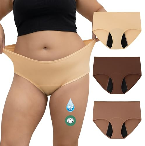 INNERSY Slip Mestruali Donna Taglie Forti Mutande Ciclo Mestruale Post Parto Incontinenza Pacco da 3 (3XL, caffè, Beige, Marrone)