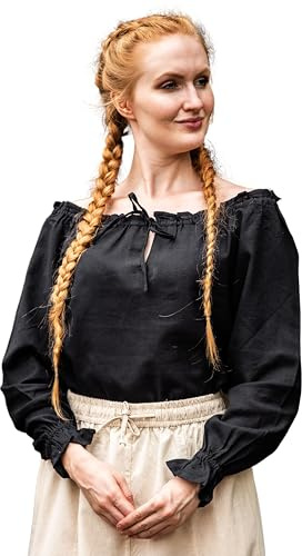 Leonardo Carbone® Damblus medeltida blus Edith | öppen axel | volangärmar | karneval, halloween, cosplay, LARP, kostym, medeltid, festliga kläder | 100 % bomull, svart, XXL