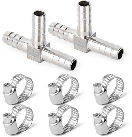 ERGAOBOY 2 Pcs 10MM Stainless Steel Hose Nozzle T Piece, 3 Way T Shaped SUS 304 Hose Fitting with 6 Clamps