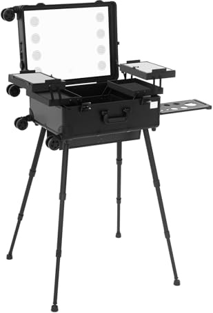Maletín de maquillaje con 4 ruedas, estuche de belleza, maletín de peluquería, joyero, profesional, estación de maquillaje ajustable, tocador, esteticistas, maletín de aluminio, llaves, iluminación