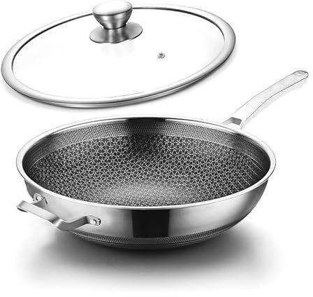 Toutrop Wok Pan,Wok ibrido antiaderente da 14 pollici con coperchio,Induzione antiaderente in acciaio inox grandi wok profondi e padelle per friggere, padella, padella con manico per rimanere freschi,