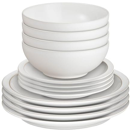 Denby - Cotton White Dinner Set for 4-12 Piece Ceramic Tableware - Dishwasher Safe, Durable Crockery - Hand Glazed Stoneware Plate & Bowl Set - Includes 4 x Dinner Plates, Small Plates, Cereal Bowls