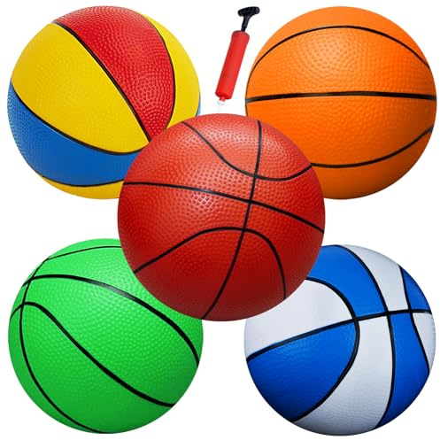 5 Pcs Mini Basketballs Set,7 Inchs Small Basketballs with Pump,Toddler Kids Birthday Gifts,Boys Girls Rubber Ball Over the Door Hoop Replacements,Indoor Outdoor Sports Toys Pool Beach Fun,Party Favors