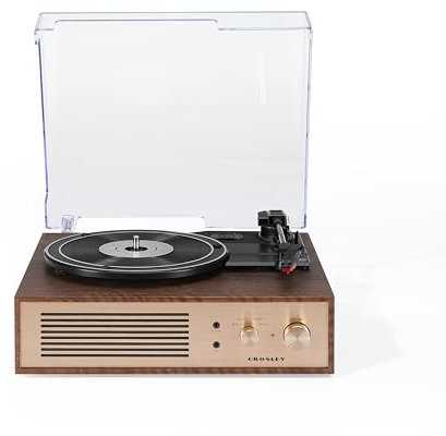 Crosley Miles Vinyl Record Player with Speakers - 3 Speed Bluetooth Turntable, Built-in Stereo Speakers, Aux Output - Elegant Wood & Gold Design - Play 33/45/78 RPM Records or Stream Music