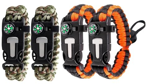 4 Pack Paracord Survival Bracelet Set 5 in 1 Emergency Gear with Compass Whistle Fire Starter and Paracord Rope Outdoor Camping Hiking Fishing Survival Kit Accessories