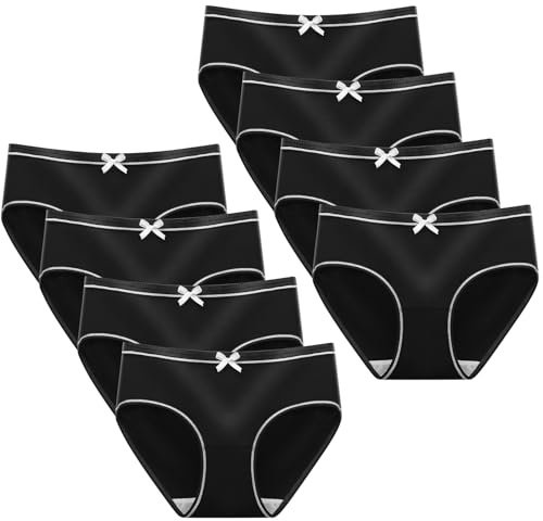 AYBUY 8 Pack Teen Girls Knickers, Soft Underwear Comfy Briefs Underpants Essential Elastic Panties, Plain Knicker for Age 8-18 Girls and Women(L, Black
