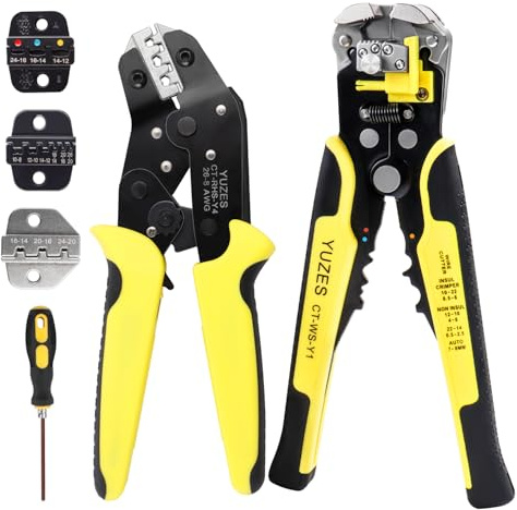 YUZES Automatic Wire Stripper and Crimping Tool Kit for Heat Shrink, Insulated Terminals, Open Barrel, Ferrule, Female Male & Solar Connectors - Ratcheting Wire Crimper with 4 Replace Dies (24-14AWG)