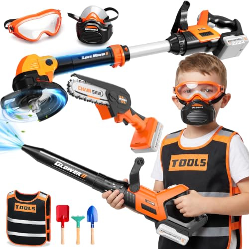 Outils de Jardin pour Enfants 3 in -Débroussailleuse & Souffleur Enfant & Tronconneuse Enfant Effets Sonores Réalistes, Exterieur Jouet Enfant 3-5 Ans,Cadeau Garcon 3-5 Ans