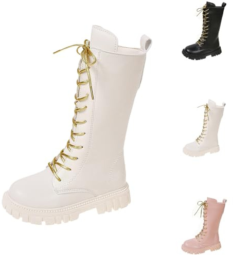Bottes Et Bottines Enfant Fille, Botte Blanche Cowboy Enfant Chaussures Montantes Cuir Éclair Latérale Avec Lacets Semelle Caoutchouc Antidérapante Bout Rond Pour École Loisirs Quotidien Automne