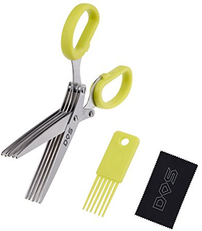 Herb Scissors - 5 Sharp Blades - Cuts, Slices and Chops Herbs 5x Faster - Ideal Time-Saving Kitchen Essential - Cleaning Rake Included - Stainless Steel - with Diamond Shield Cleaning Cloth